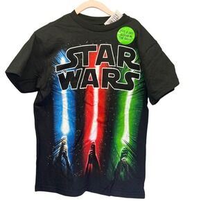 Kids Star Wars Glow in the Dark T Shirt‎ XS Black Lightsaber Graphic Cotton